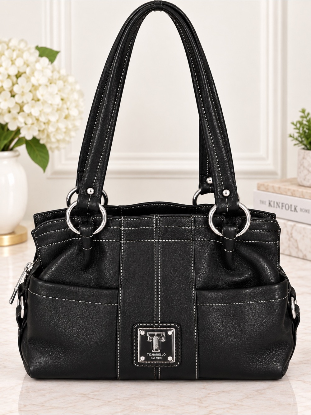 Tignanello Black Leather Shoulder Tote Satchel Multi Pocket Bag everyday tote